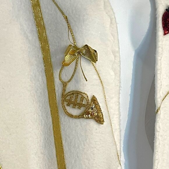 Hand Sewn Christmas Holiday Sequin Bead Ornament Gold Ribbon Fleece Jacket Top - Picture 5 of 16